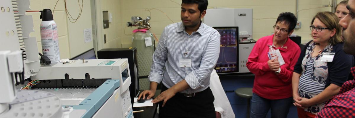 Vaidhyanathan Ananthanaramkrishnan, PhD candidate, demonstrates use of GC-MS to detect changes in protein-flavor interactions